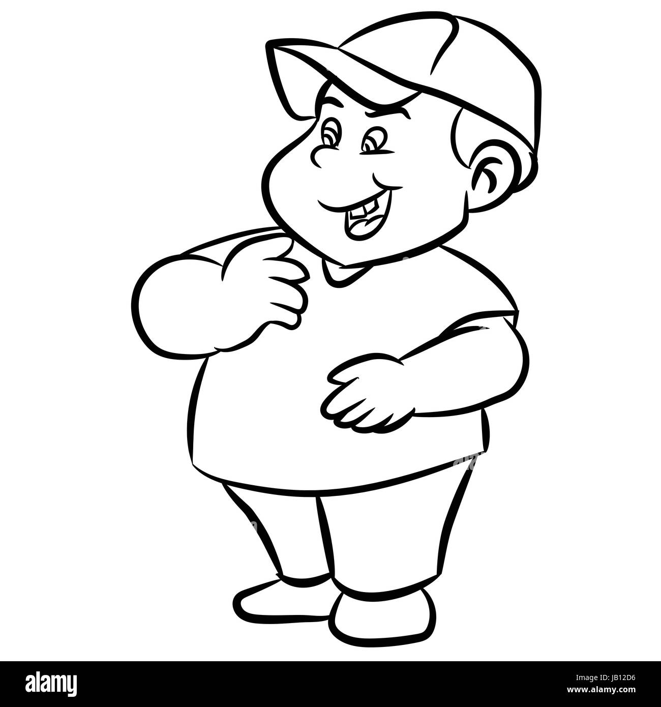 Line drawing cartoon fat boy and smiling in black and white color in black and white - Vector illustration Stock Vector