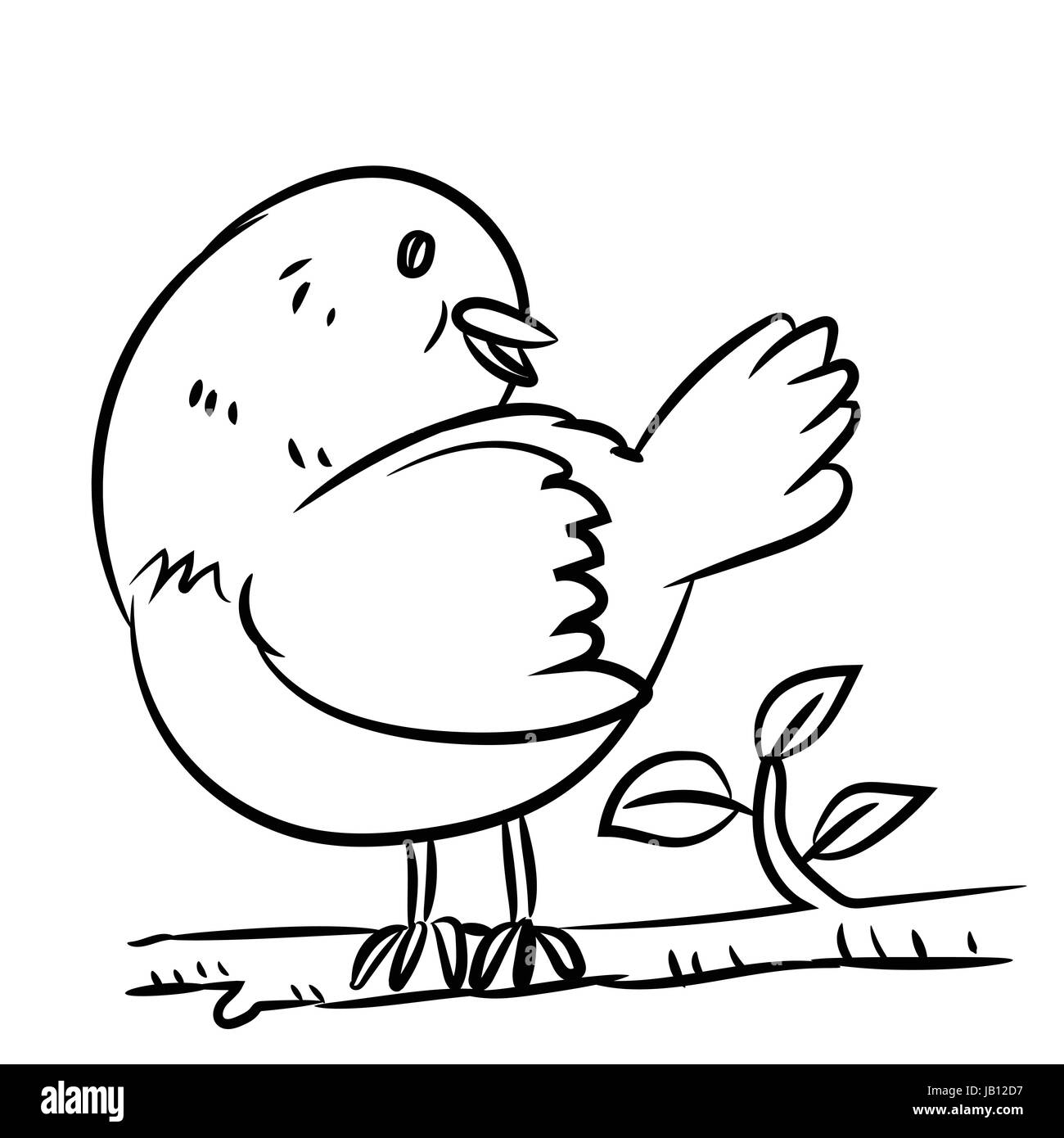 Line drawing cartoon a bird on branch of tree in black and white - Vector illustration Stock Vector