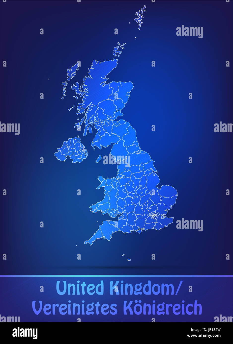 Vereinigtes Königreich in  Europa als Grenzkarte mit Grenzen als Scribble. Durch die ansprechende Gestaltung fügt sich die Karte perfekt in Ihr Vorhaben ein. Stock Photo