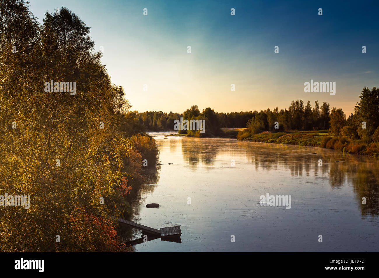 A beautiful but cold morning by the river Pyhajoki in the Northern Finland. The autumn is here and the leaves are colored beautifully. Stock Photo
