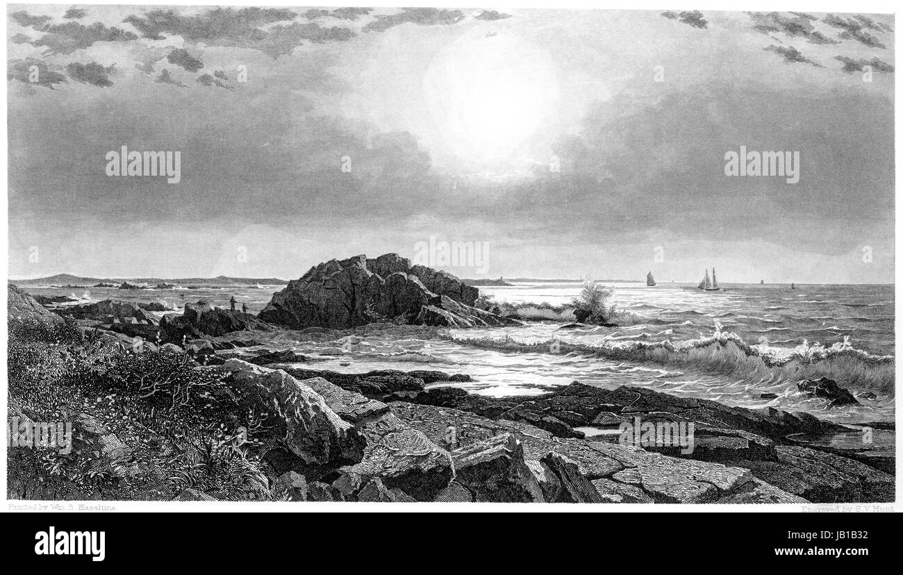 An engraving of Indian Rock, Narragansett scanned at high resolution from a book printed in 1872.  Believed copyright free. Stock Photo