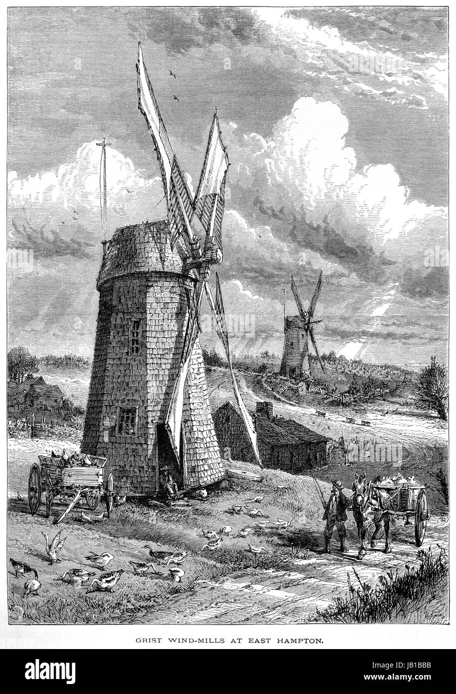 Engraving of Grist Windmills at East Hampton, Long Island, New York scanned at high resolution from a book printed in 1872.  Believed copyright free. Stock Photo