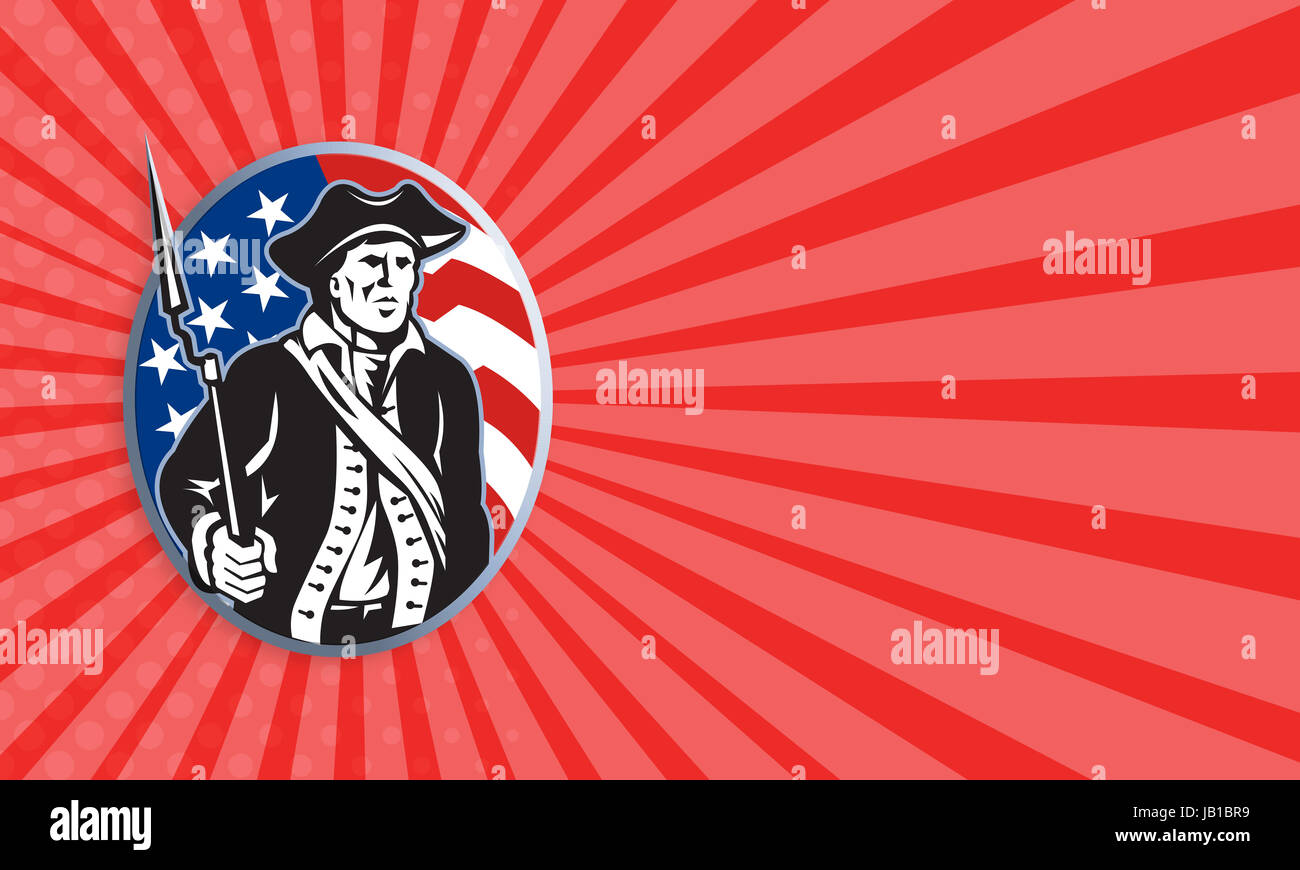 Business card template showing illustration of an American patriot minuteman revolutionary soldier with musket bayonet rifle and stars and stripes flag set inside ellipse done in retro style. Stock Photo