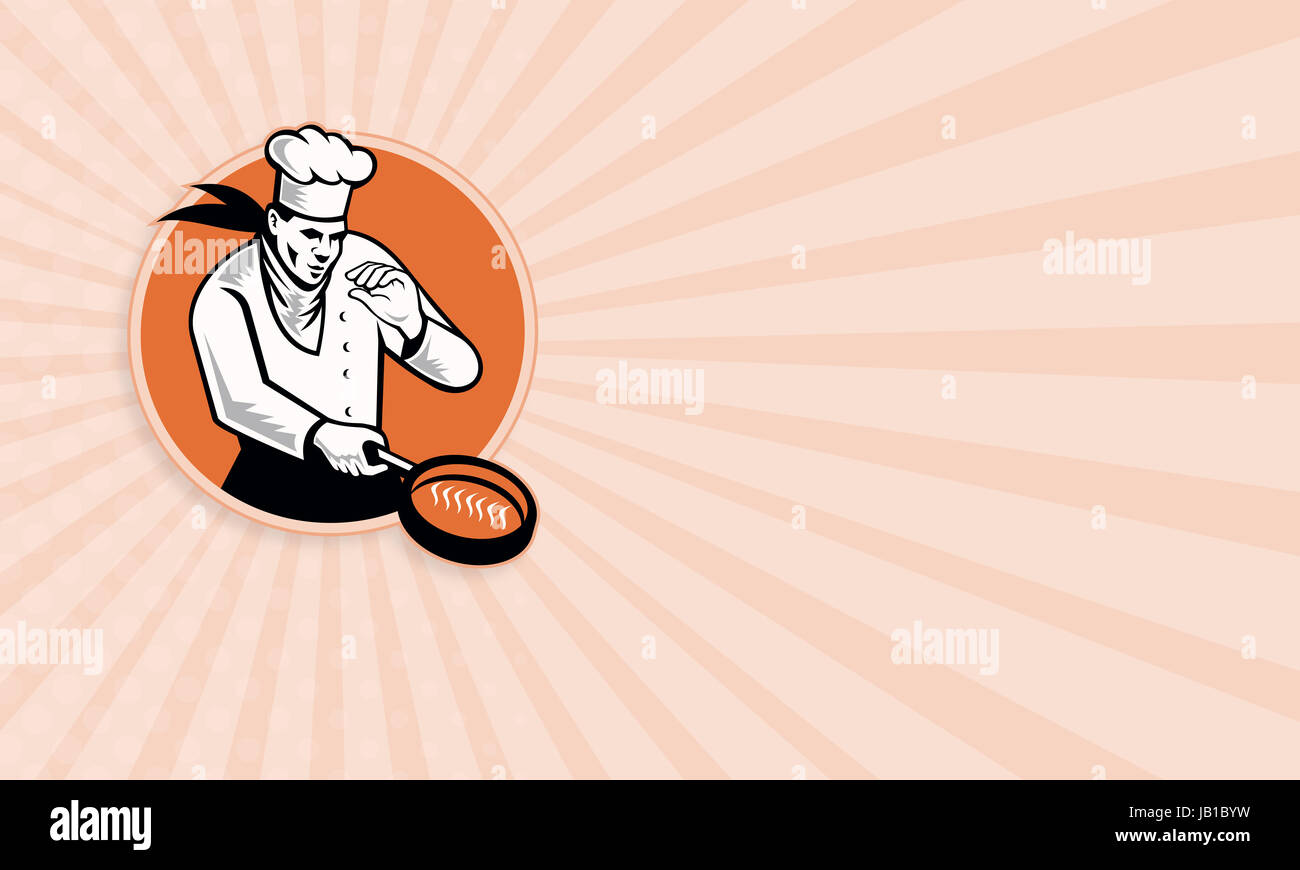 Business card template showing retro illustration of a chef cook cooking with frying pan set inside circle on isolated white background. Stock Photo