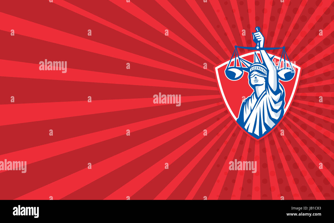 Illustration of lady statue of liberty in blindfold facing front