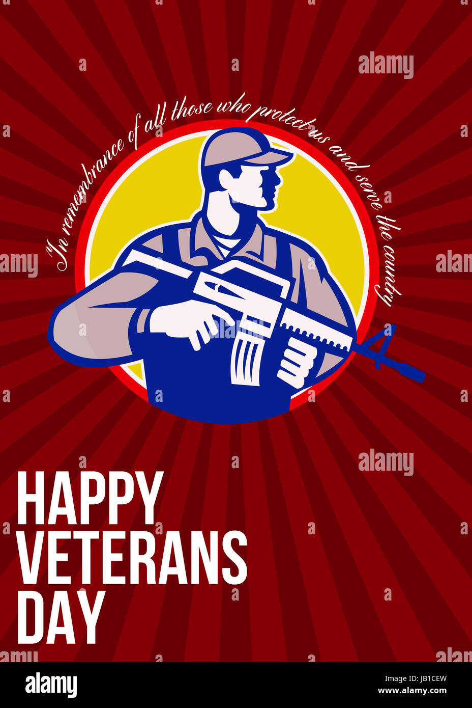 Greeting card poster showing illustration of an American soldier serviceman with assault rifle looking to side set inside circle with words Happy Veterans day. Stock Photo