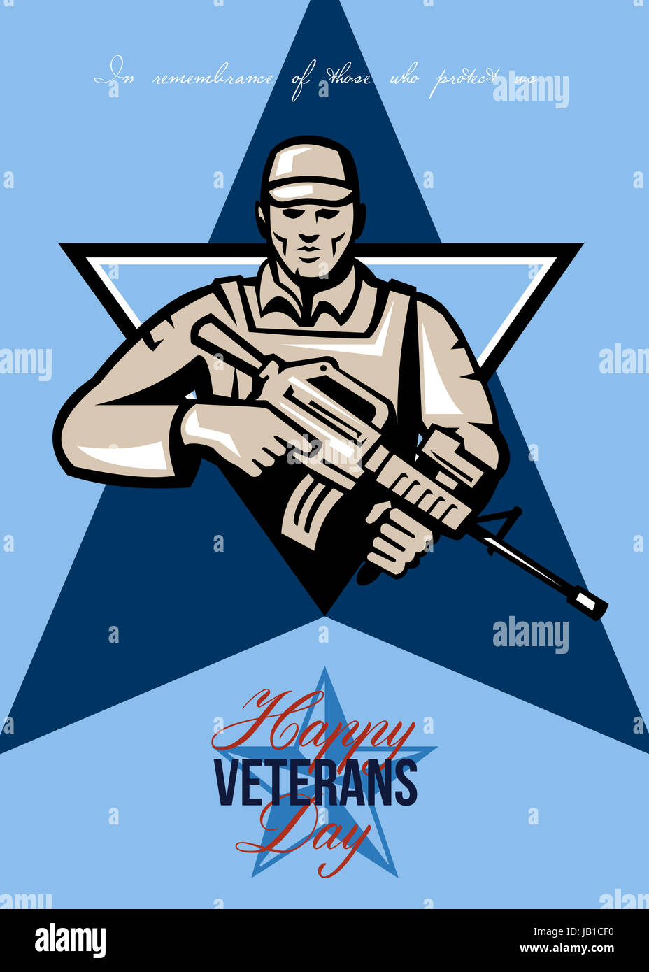 Greeting card poster showing illustration of an American soldier serviceman with assault rifle facing front set inside shield crest with words Happy Veterans day. Stock Photo