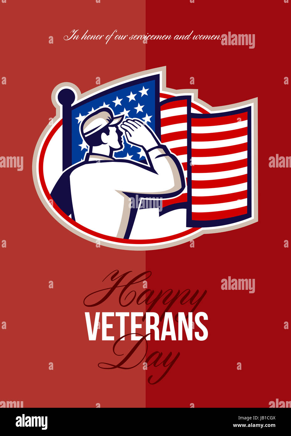 Greeting card poster showing illustration of an American soldier serviceman saluting USA stars and stripes flag viewed from rear set inside oval done in retro style with words Happy Veterans Day in honor of our servicemen and woman. Stock Photo