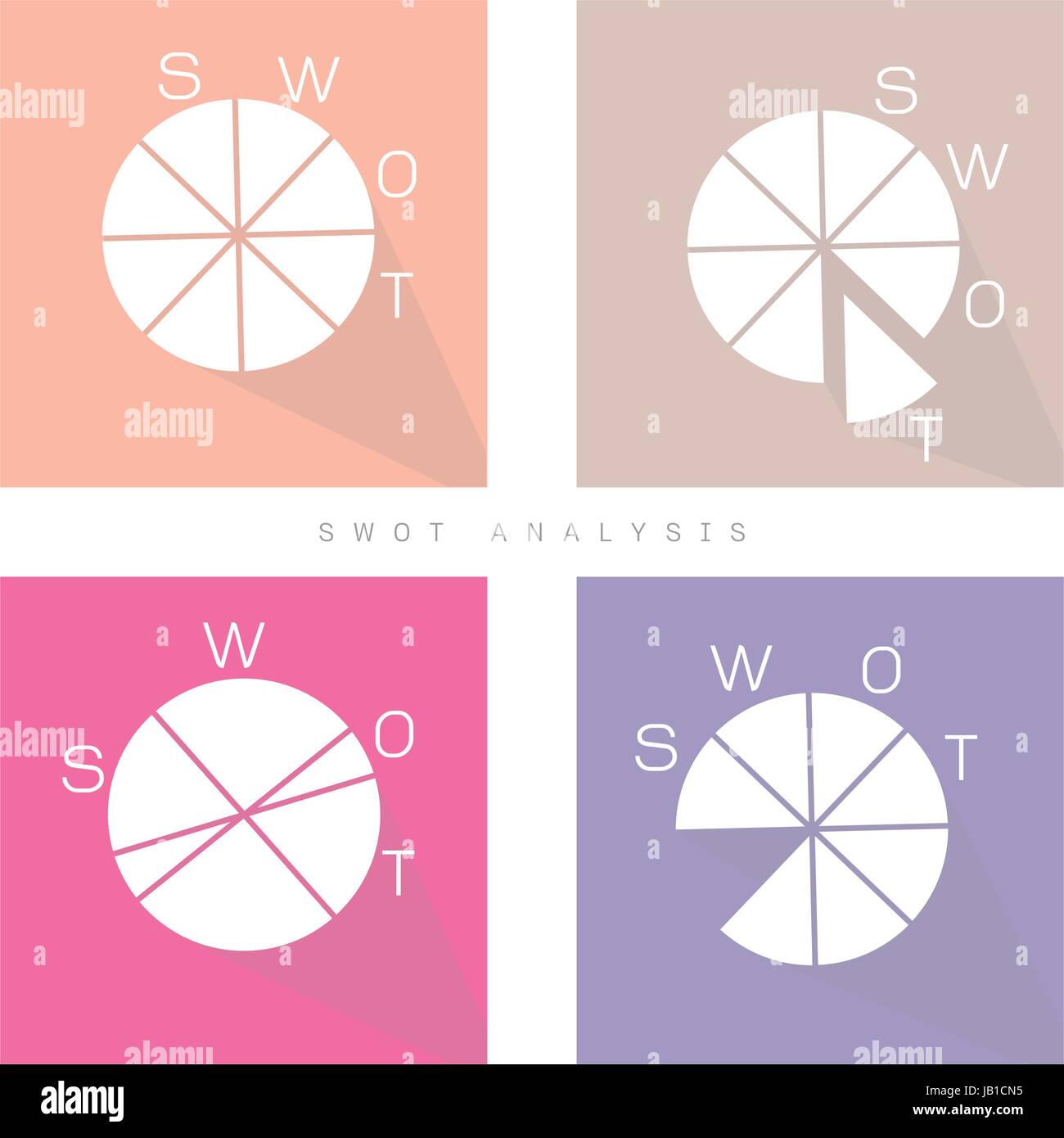 SWOT Analysis Matrix Pie Chart of A Structured Planning Method for Evaluate Strengths, Weaknesses, Opportunities and Threats Involved in Business Proj Stock Vector