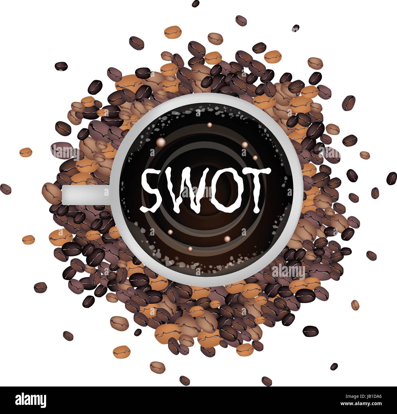 Latte Art of Milk Cream Writing 'SWOT' Word on A Cup of Coffee, SWOT Analysis Matrix A Structured Planning Method for Evaluate Strengths, Weaknesses,  Stock Vector