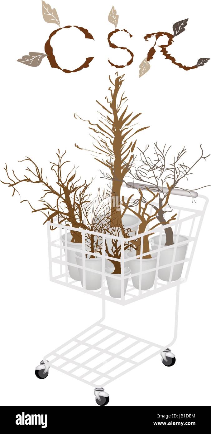 Business Strategy, Shopping Cart Full with Brown Dry Trees and Plants in CSR Abbreviation or Corporate Social Responsibility Concept. Stock Vector