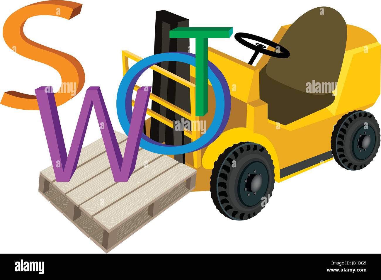 Fork Truck or Lift Truck Loading Word 'SWOT' A Structured Planning Method for Evaluate Strengths, Weaknesses, Opportunities and Threats Involved in Bu Stock Vector