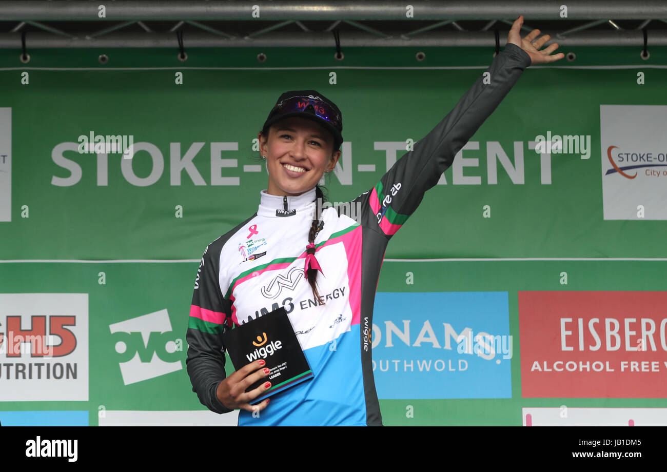 Wiggle HIGH5's Audrey Cordon Ragot celebrates retaining the SKODA Queen of the Mountains jersey during Stage Two of the Women's Tour of Britain from Stoke-on-Trent to Staffordshire. Stock Photo