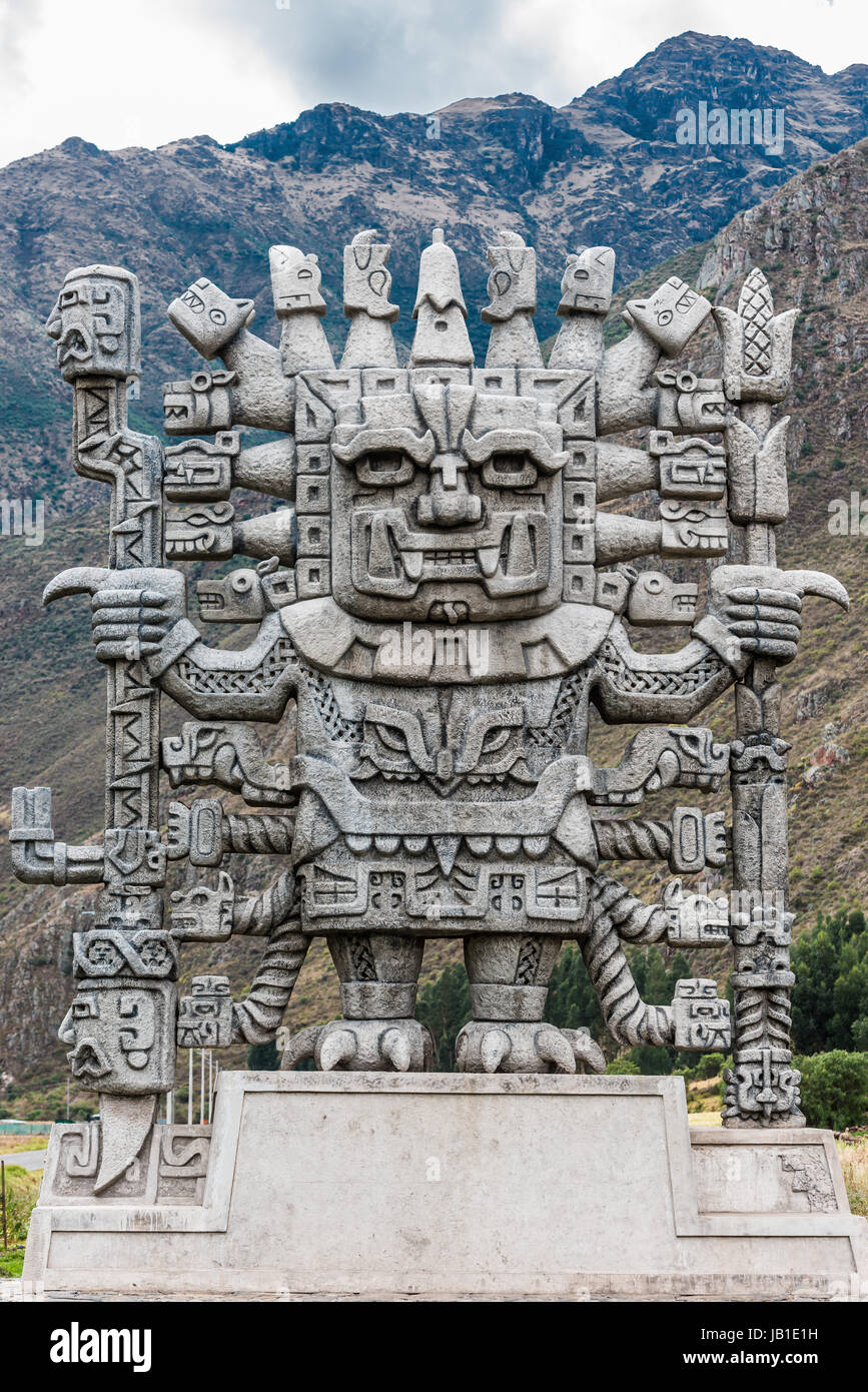 Wiracocha statue in Calca at the peruvian Andes on Cuzco Peru Stock Photo
