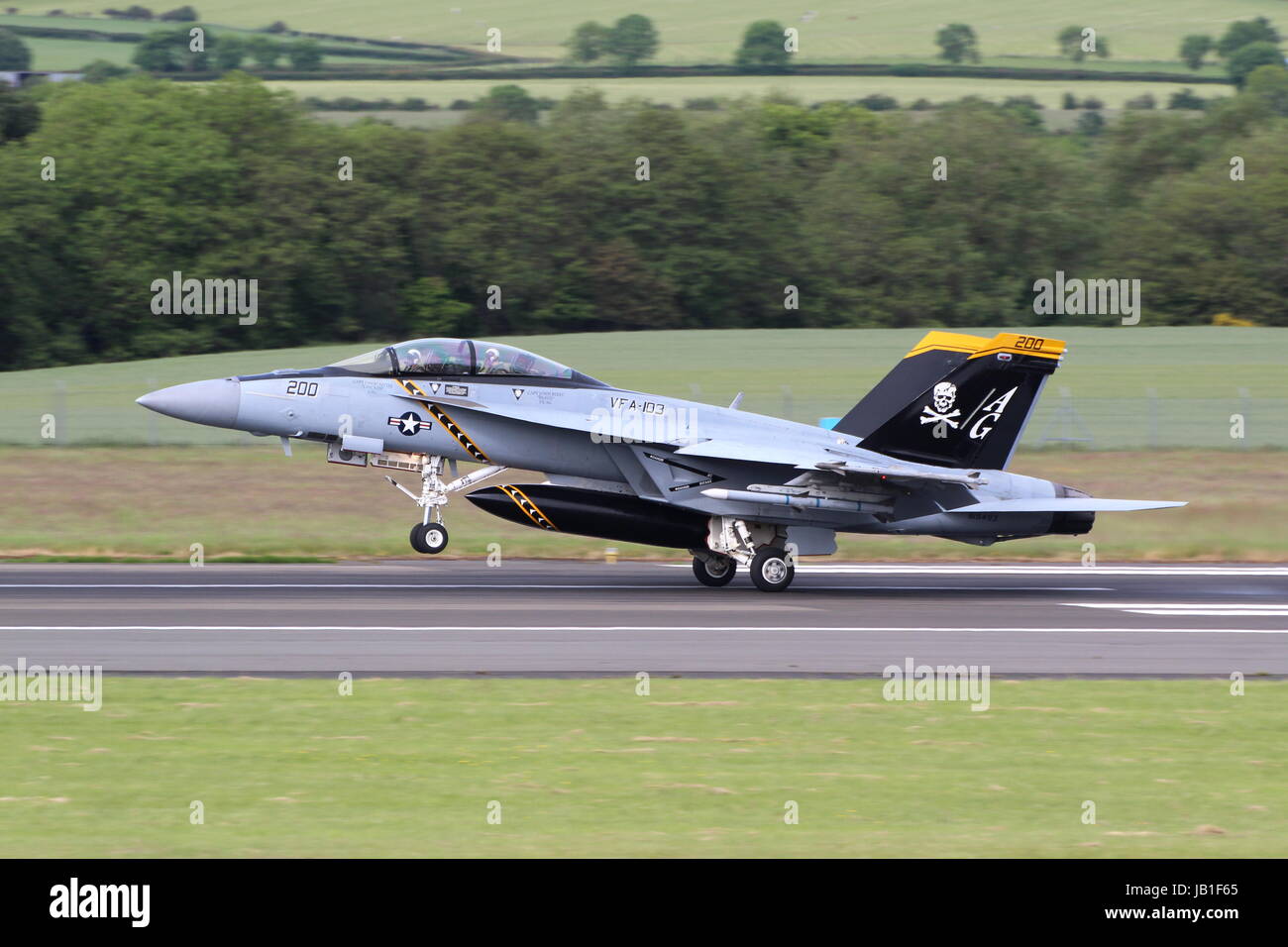168493, a Boeing F/A-18F Super Hornet, operated by VFA-103 "Jolly Rogers" of the United States Navy, arriving at Prestwick Airport in Ayrshire. Stock Photo