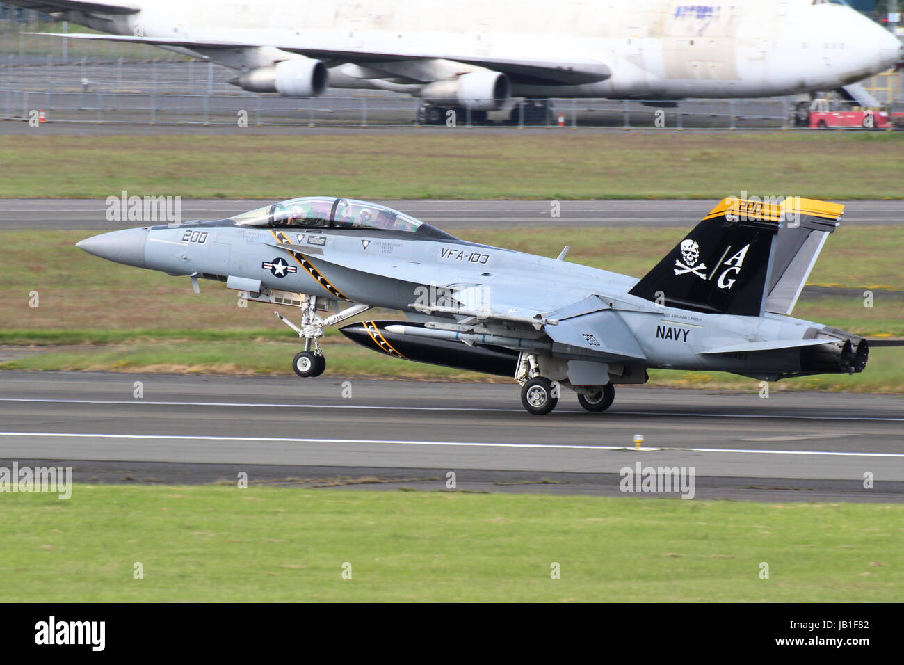 168493, a Boeing F/A-18F Super Hornet, operated by VFA-103 'Jolly Rogers' of the United States Navy, arriving at Prestwick Airport in Ayrshire. Stock Photo