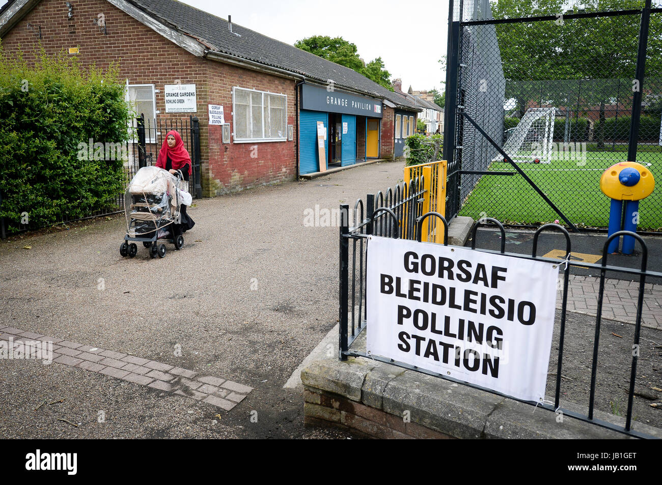 The Grange Pavilion bowling club, which is a polling station in Grangetown, Cardiff, as voters head to the polls across the UK to vote in the General Election. Stock Photo