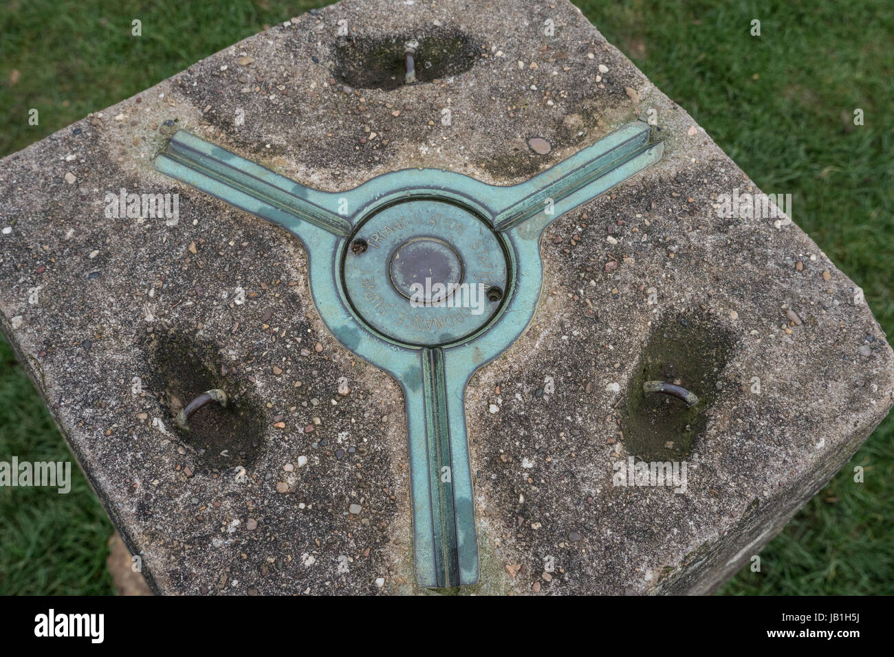 The top of a triangulation point, trig point or trig pillar in the UK and used as a reference point primarily for surveying the UK. Stock Photo