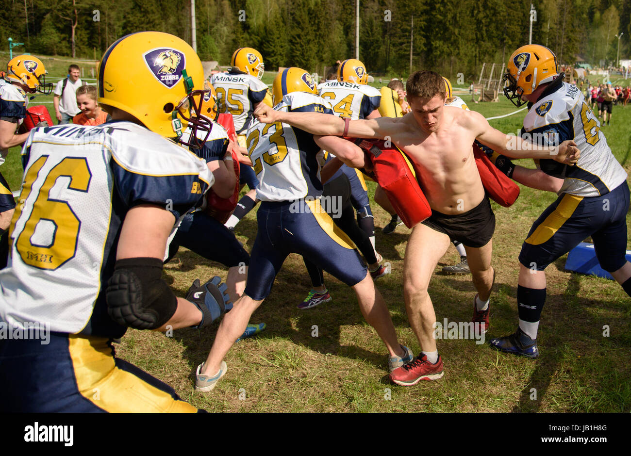 Bison race 2016 – a 8km extreme run with natural and artificial obstacles – was held 7 and 8 May in sport complex Lahoysk, 40 from Minsk, Belarus. Stock Photo