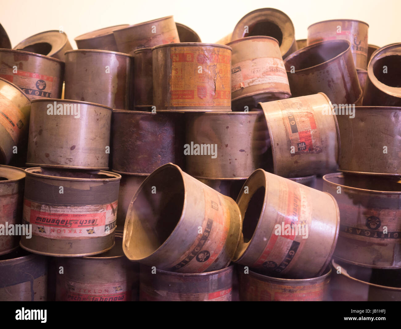 Canisters of Zyklon B used by the Nazis to kill millions of Jews. Stock Photo