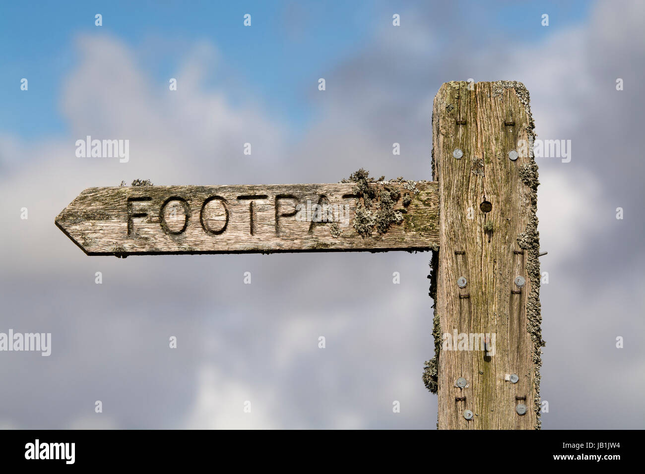 Lichen covered footpath sign on heather moorland, North Yorkshire, UK. Stock Photo