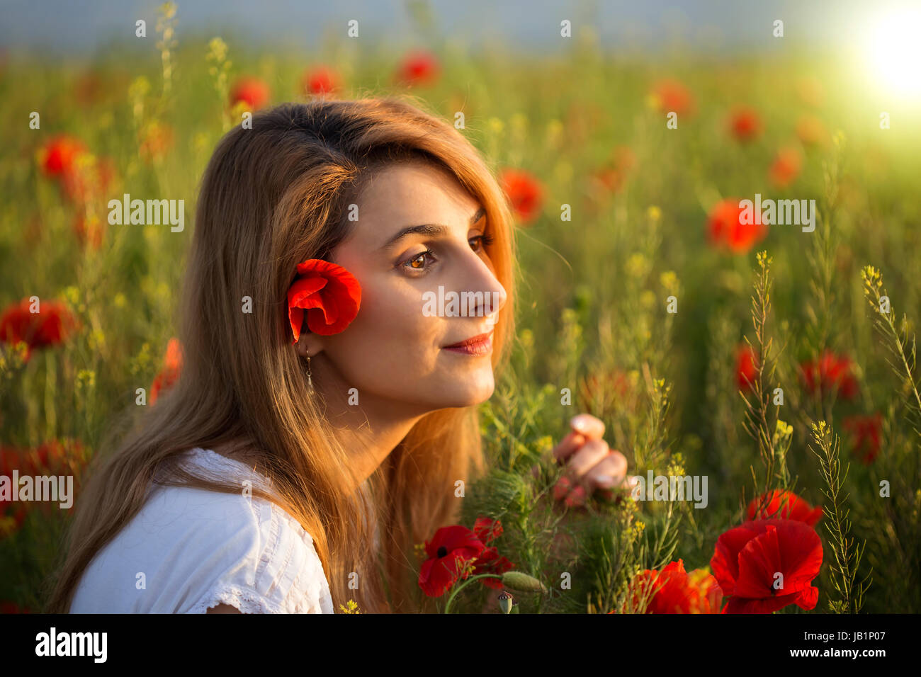 Woman in white dress dreaming among the full field of poppies Stock ...