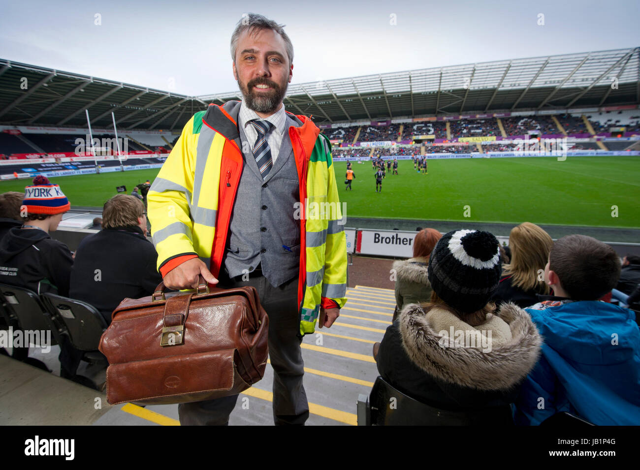 Dr.Russell Clark, a general practitioner who works as a duty doctor at rugby matches at the Liberty Stadium, Swansea, Wales. Stock Photo