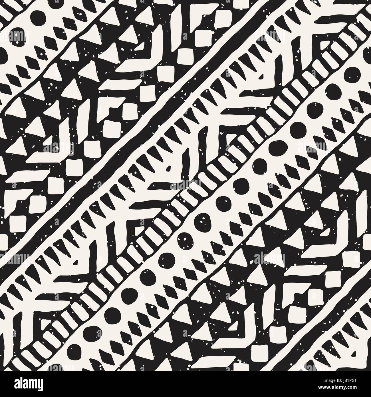 Black and white tribal vector seamless pattern with doodle elements ...