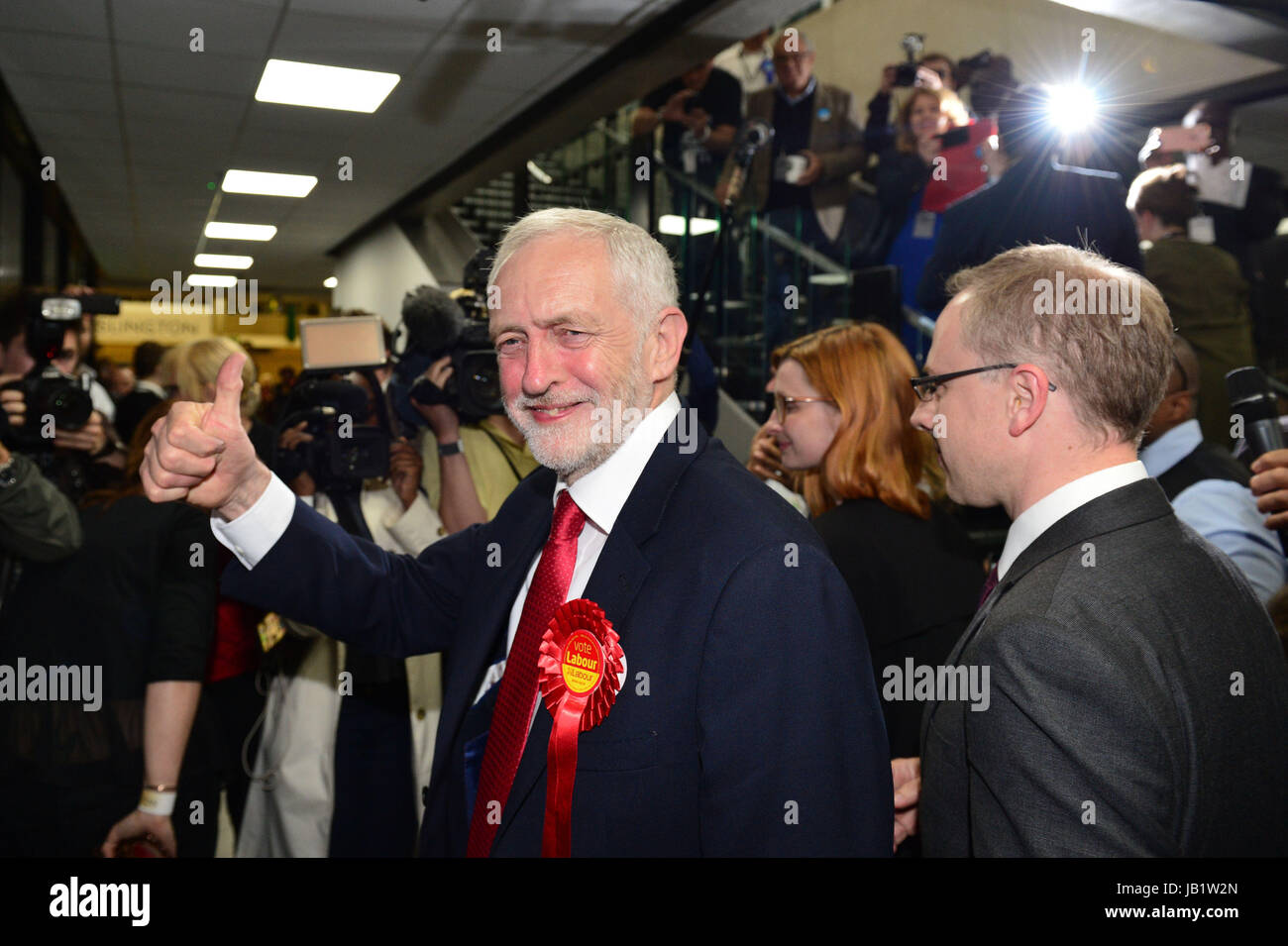 Labour leader Jeremy Corbyn arrives at the Sobell Leisure Centre in Islington, north London, where counting is taking place for the General Election. Stock Photo