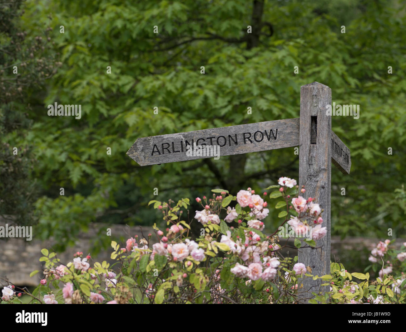 Close up view of Arlington Row sign in Cotswolds village of Bibury, Gloucestershire, United Kingdom Stock Photo