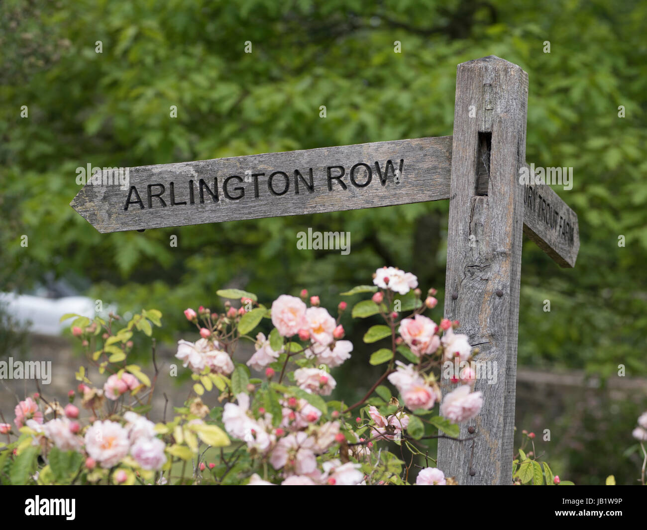 Close up view of Arlington Row sign in Cotswolds village of Bibury, Gloucestershire, United Kingdom Stock Photo