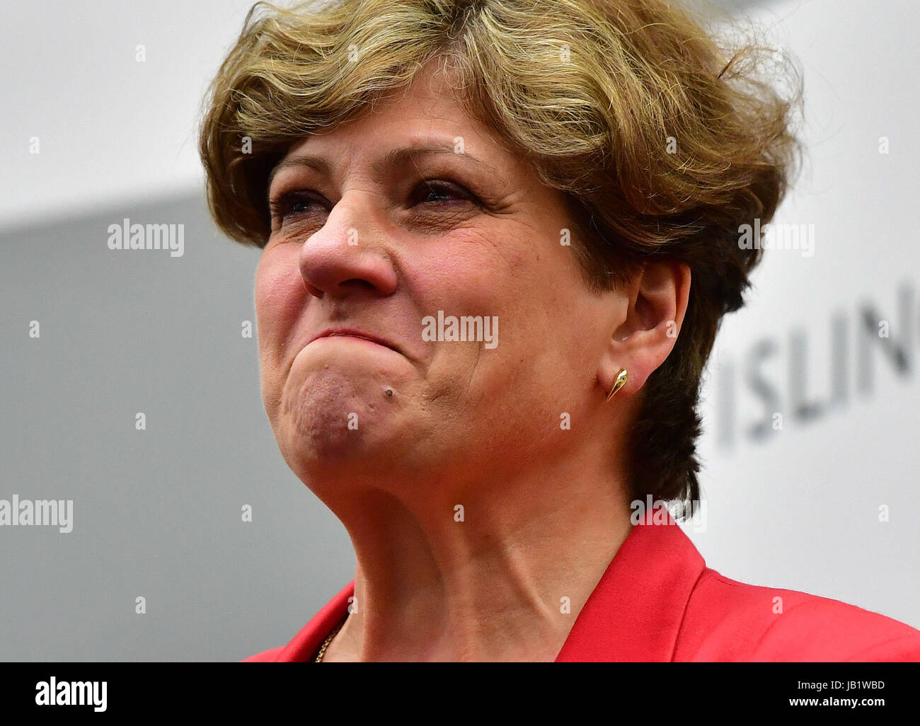Emily Thornberry reacts after holding her Islington South and Finsbury seat at the Sobell Leisure Centre in Islington, north London. Stock Photo