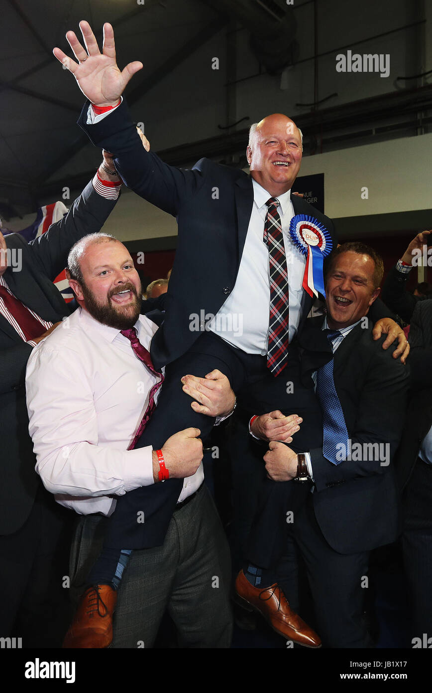 DUP candidate for Upper Bann David Simpson celebrates election at the Eikon Exhibition Centre in Lisburn as counting is under way for the General Election. Stock Photo