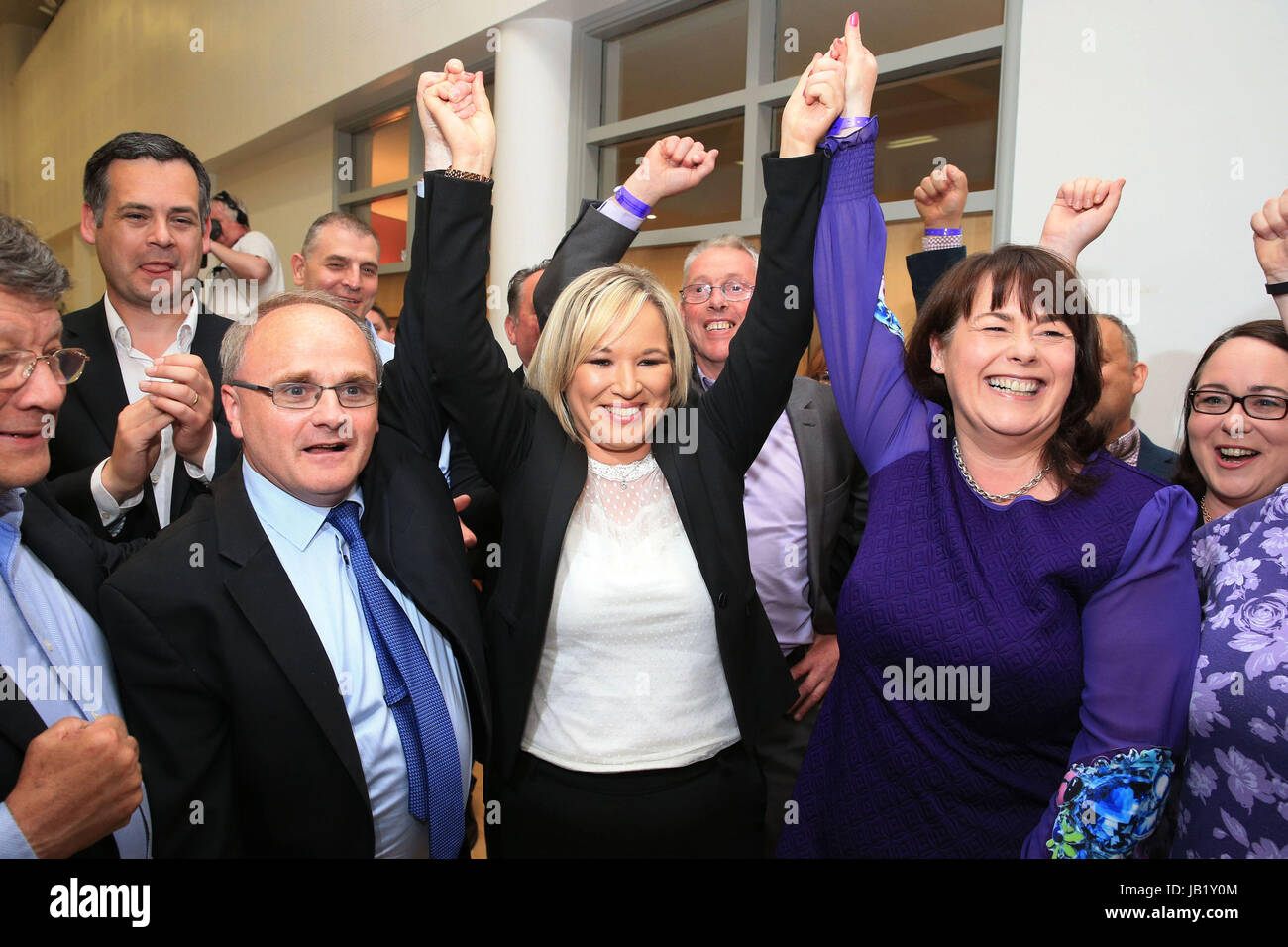 Sinn Fein leader in Northern Ireland Michelle O'Neill (centre), with newly elected Sinn Fein MP for West Tyrone Barry McElduff MP (left) and newly elected MP for Fermanagh &amp; South Tyrone, Michelle Gildernew (right), at the Omagh Leisure Complex, Co Tyrone. Stock Photo