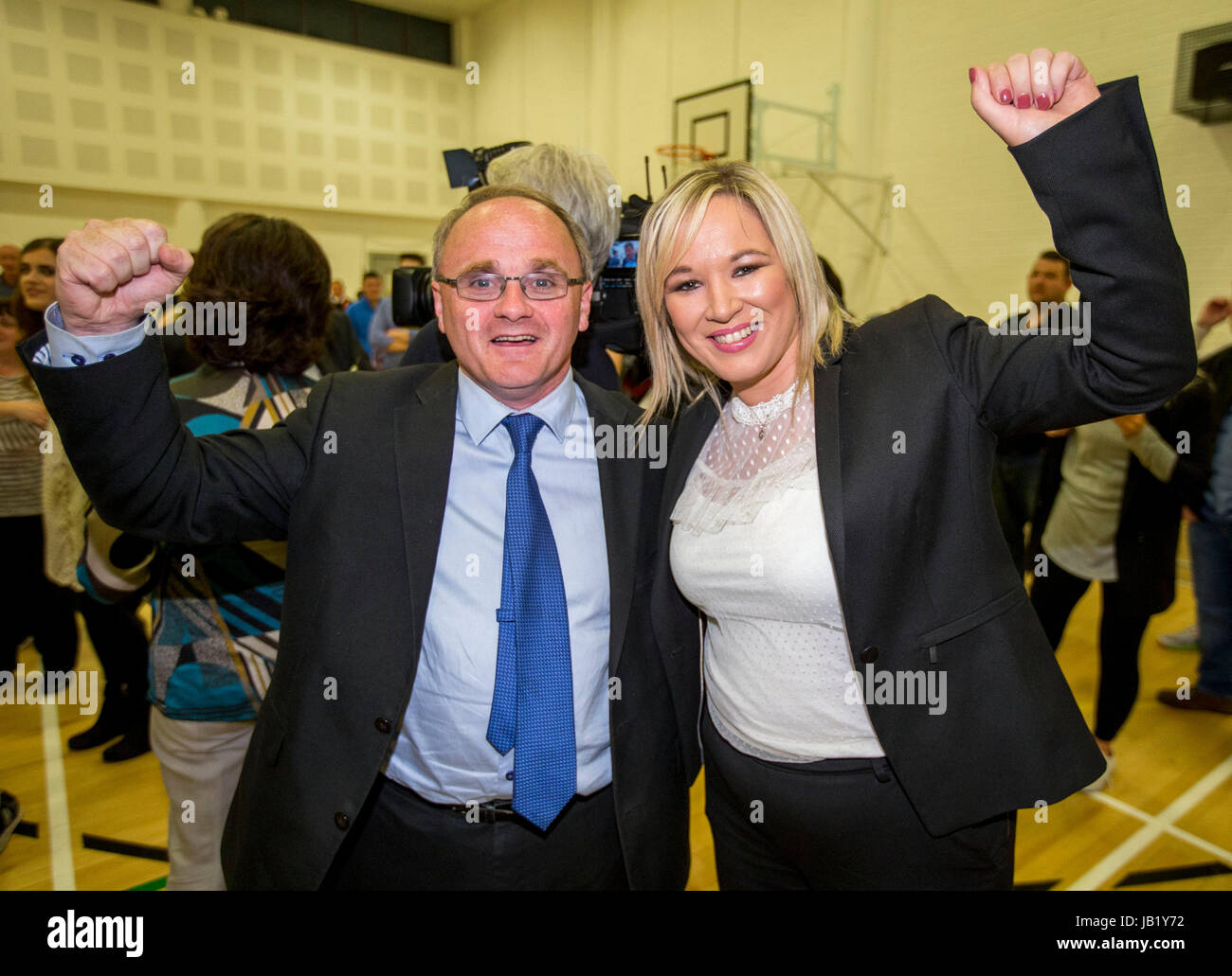 Newly elected Sinn Fein MP for West Tyrone Barry McElduff MP (left) with Sinn Fein leader in Northern Ireland Michelle O'Neill, at the Omagh Leisure Complex, Co Tyrone. Stock Photo