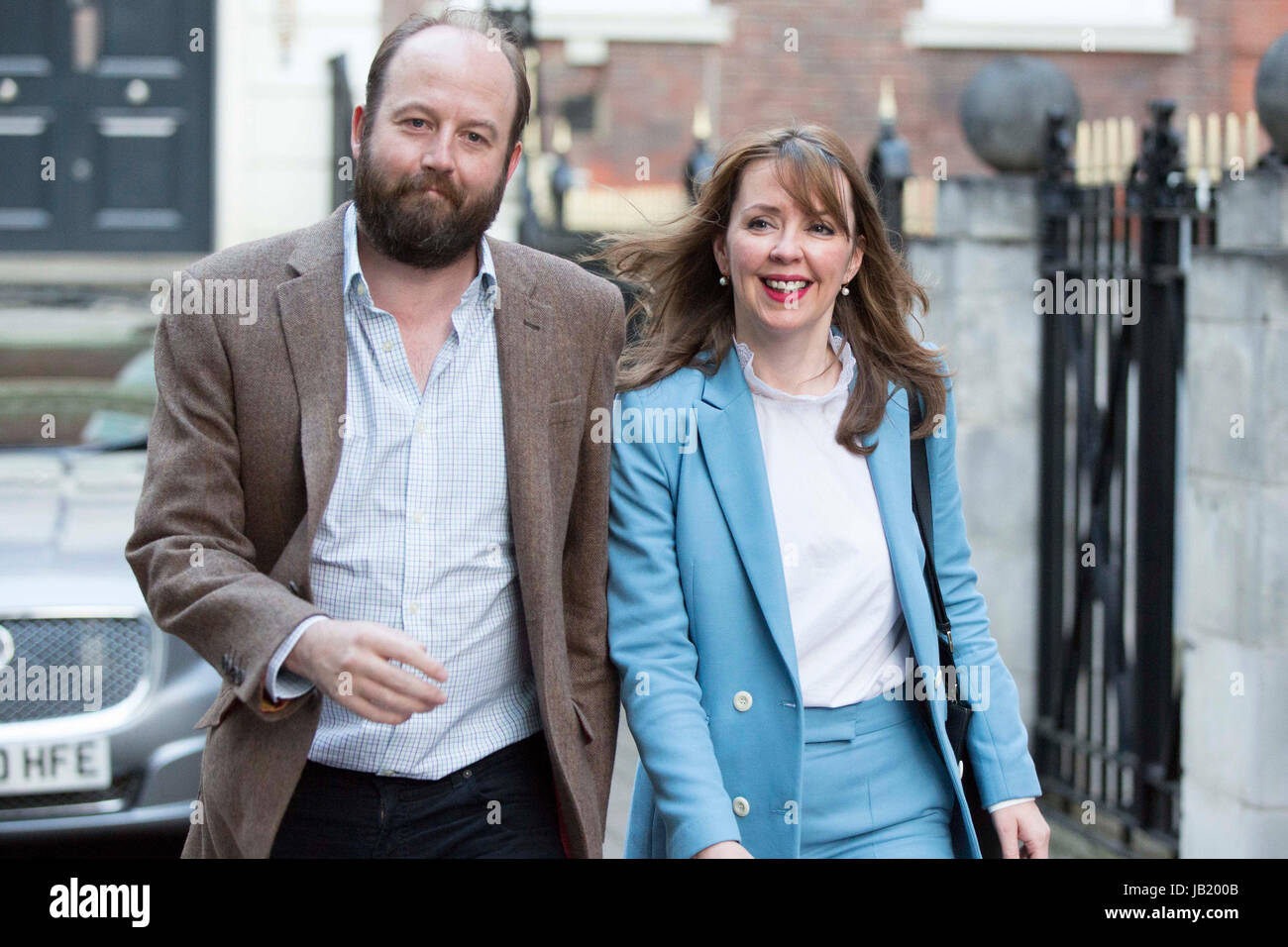 Prime Minister Theresa May's chief of staff Nick Timothy and Joint-chief of staff Fiona Hill leave Conservative Party HQ in Westminster, London, as Mrs May's future as Prime Minister and leader of the Conservatives was being openly questioned after her decision to hold a snap election disastrously backfired. Stock Photo