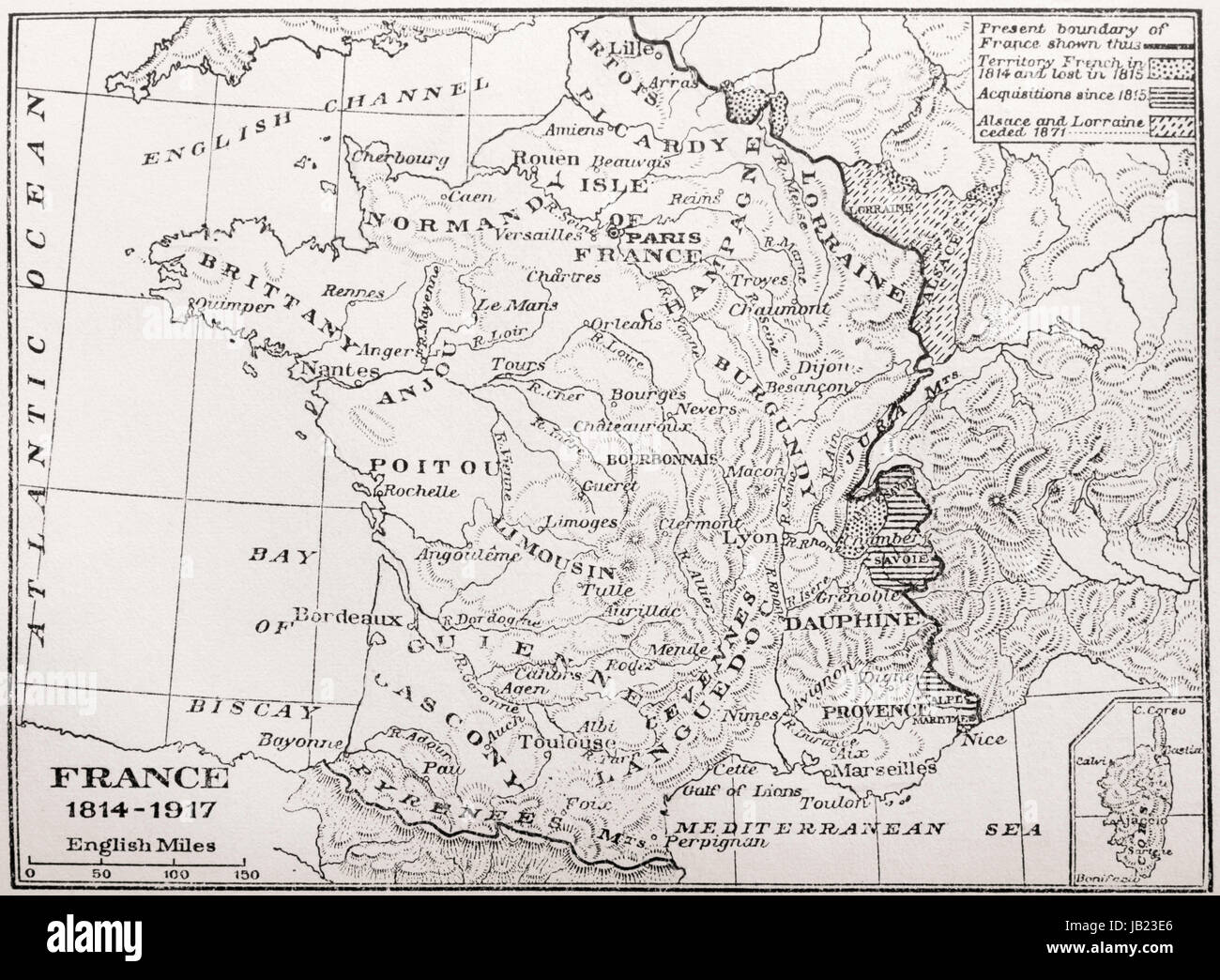 Map of France, 1814-1917.  From France, Mediaeval and Modern A History, published 1918. Stock Photo