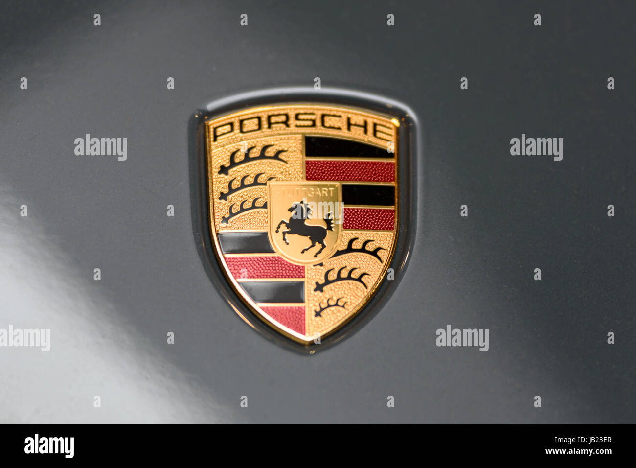 Krakow, Poland, May 21, 2017: Porsche Stuttgart sign close-up during MotoShow in Krakow. Porsche is a famous  German automobile manufacturer. Stock Photo