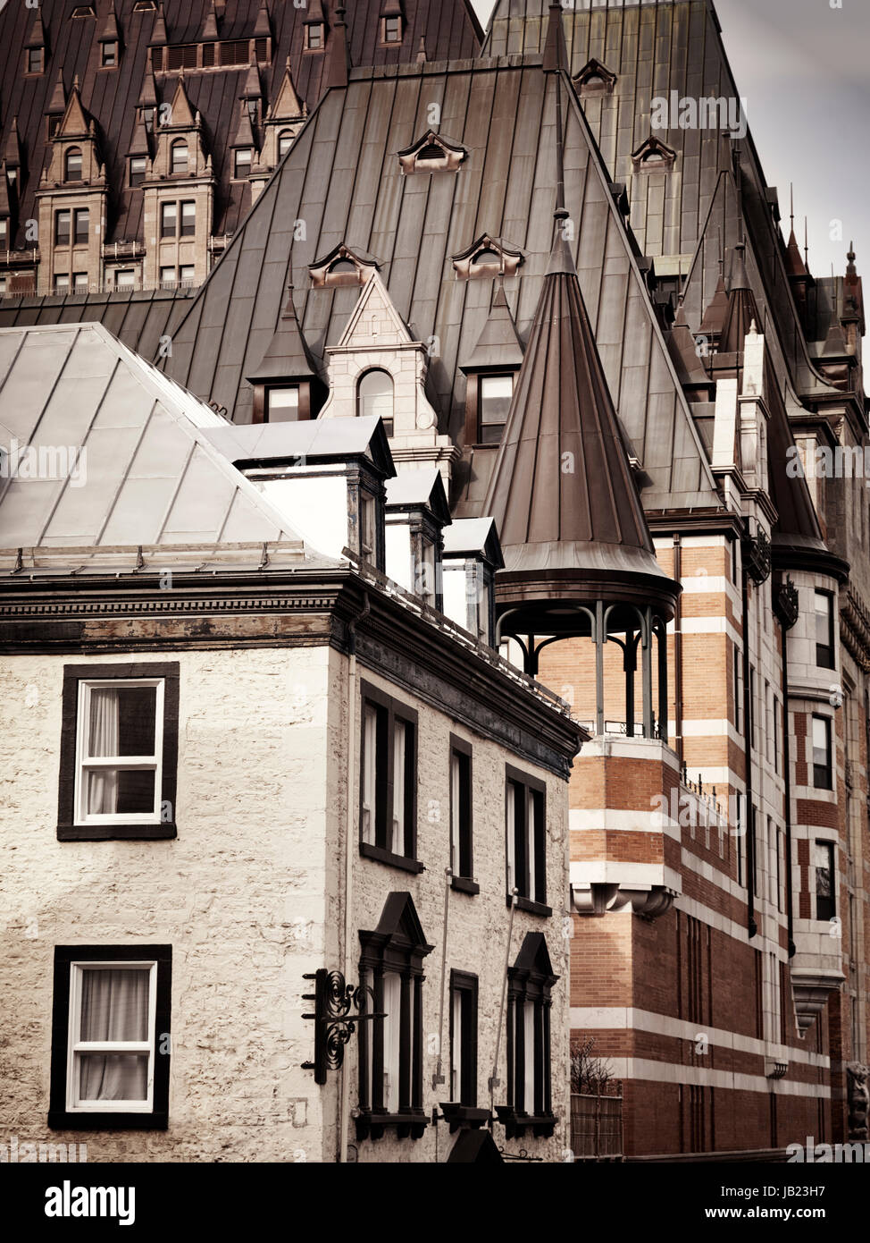 License available at MaximImages.com Chateau Frontenac and other historic buildings rooftops on the streets of Old Quebec City, Quebec, Canada. Stock Photo