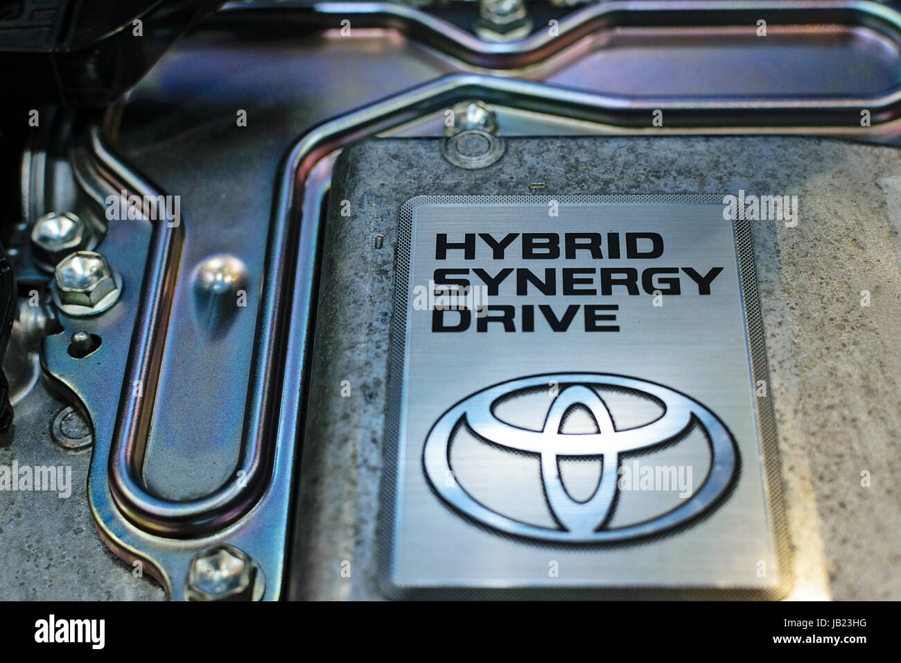 Krakow, Poland, May 21, 2017: Toyota Hybrid Synergy Drive sign close-up during MotoShow in Krakow. Toyota is a famous Japanese multinational automaker Stock Photo