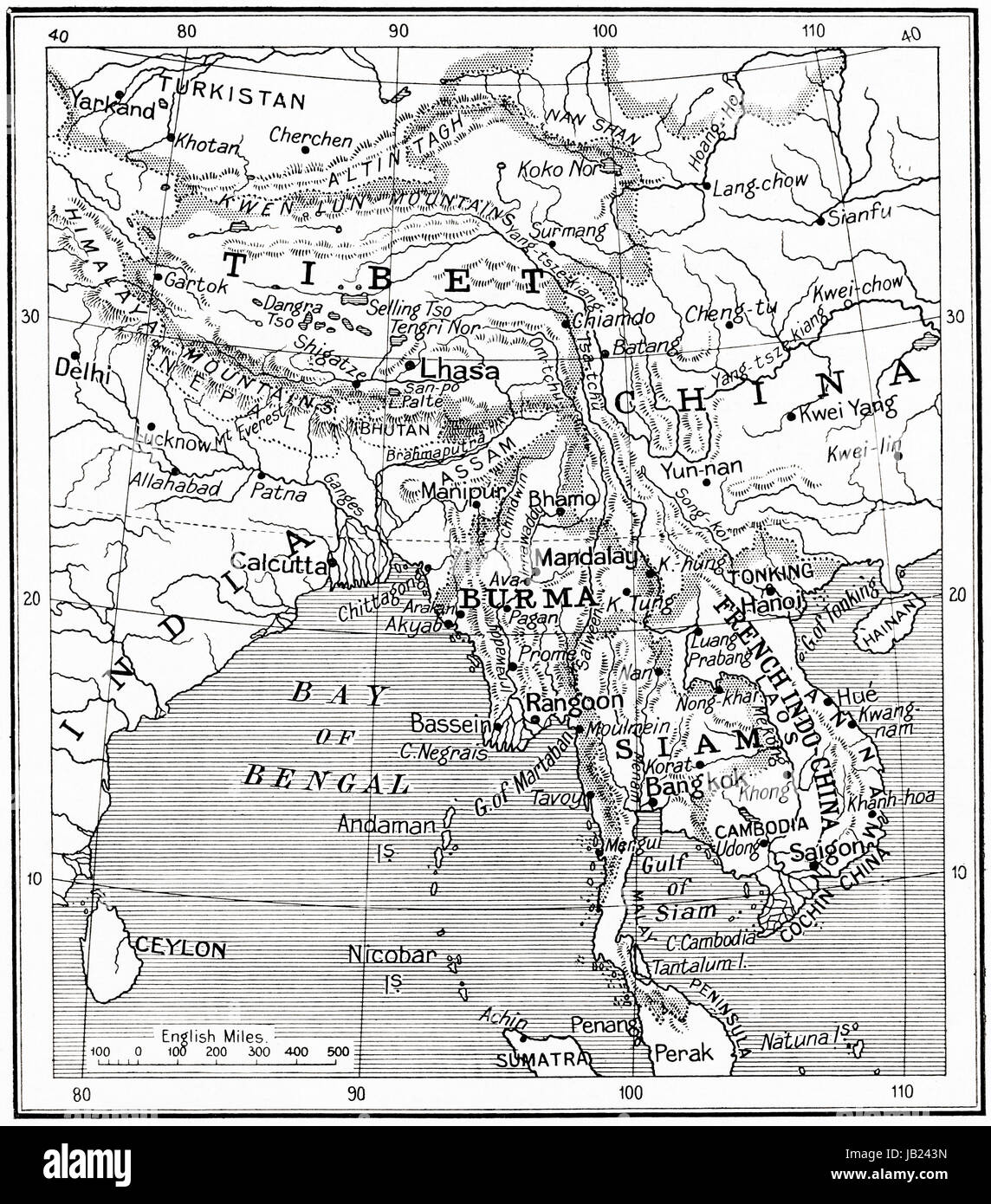 Map of the Indo-Chinese nations as at 1915.  From Hutchinson's History of the Nations, published 1915. Stock Photo