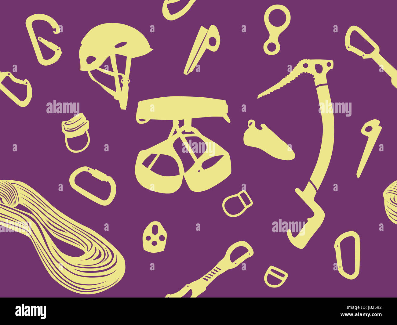 Climbing equipment vector seamless pattern in violet and yellow Stock Photo