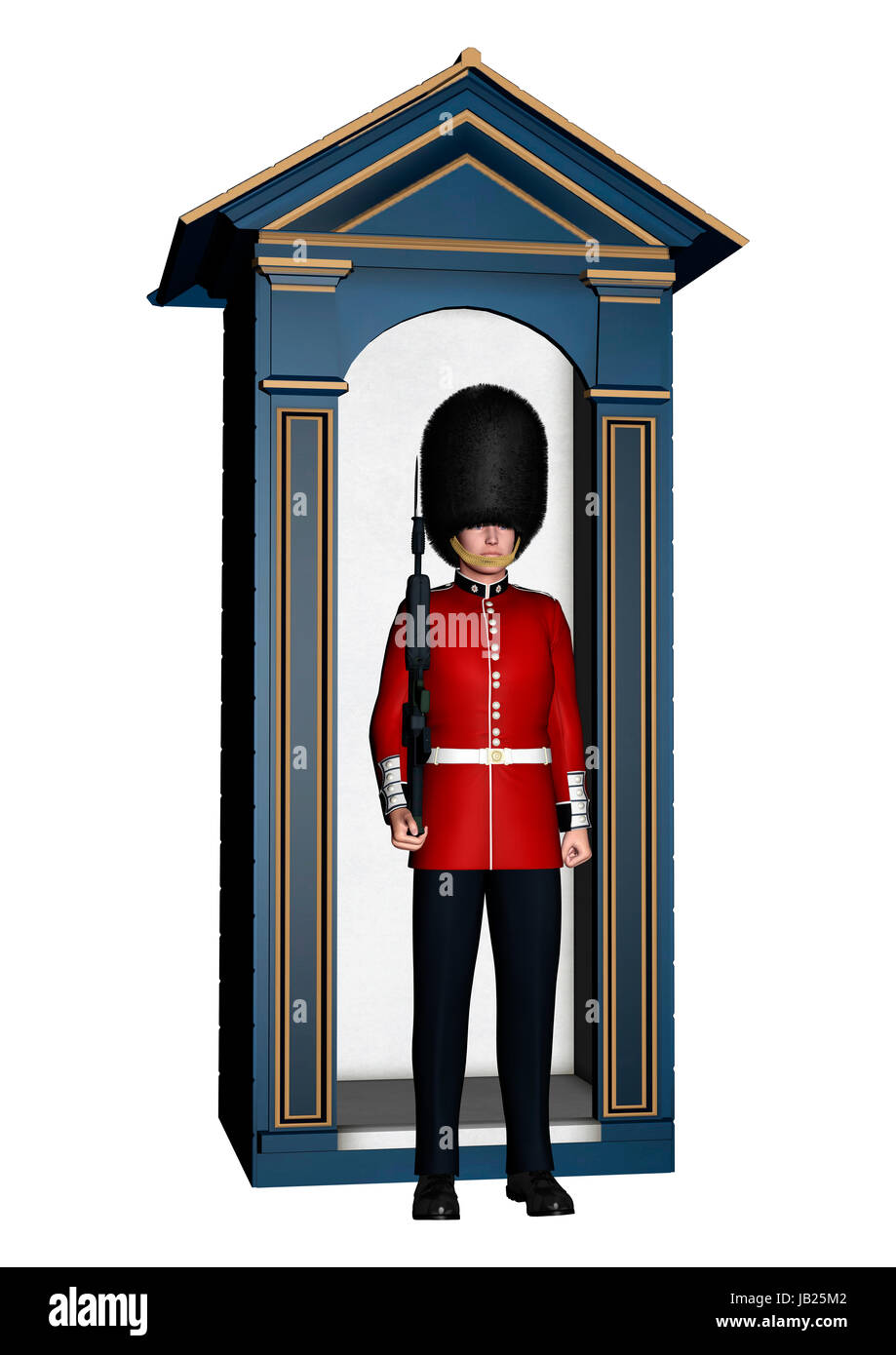 3D digital render of a royal British guardsman holding a rifle and standing near a guard box isolated on white background Stock Photo