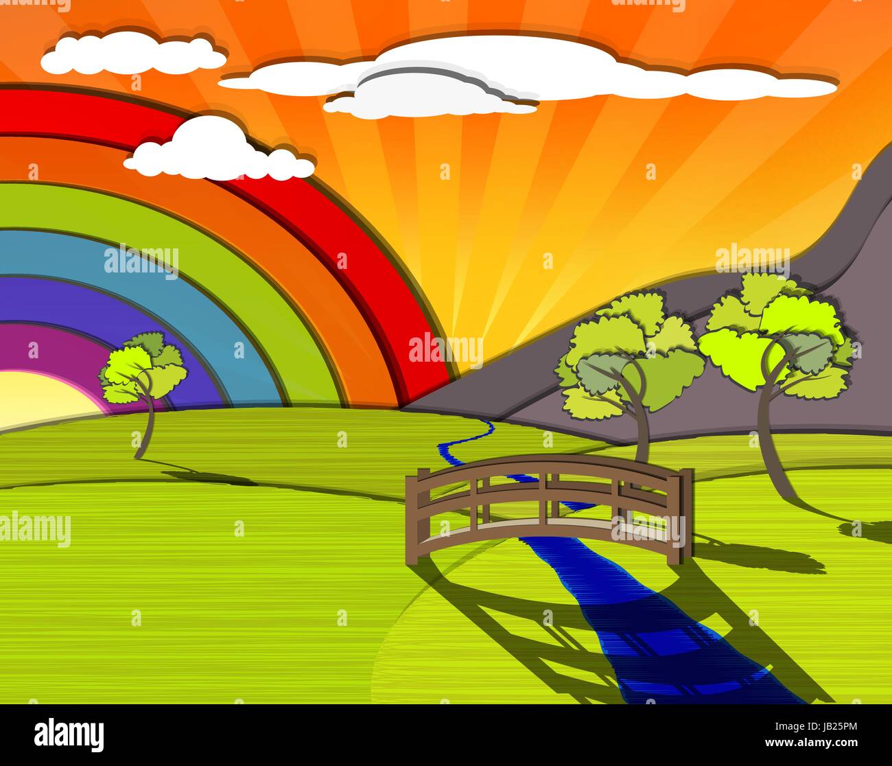 Idyllic colorful landscape, rainbow behind the green hills, eps10 vector Stock Vector