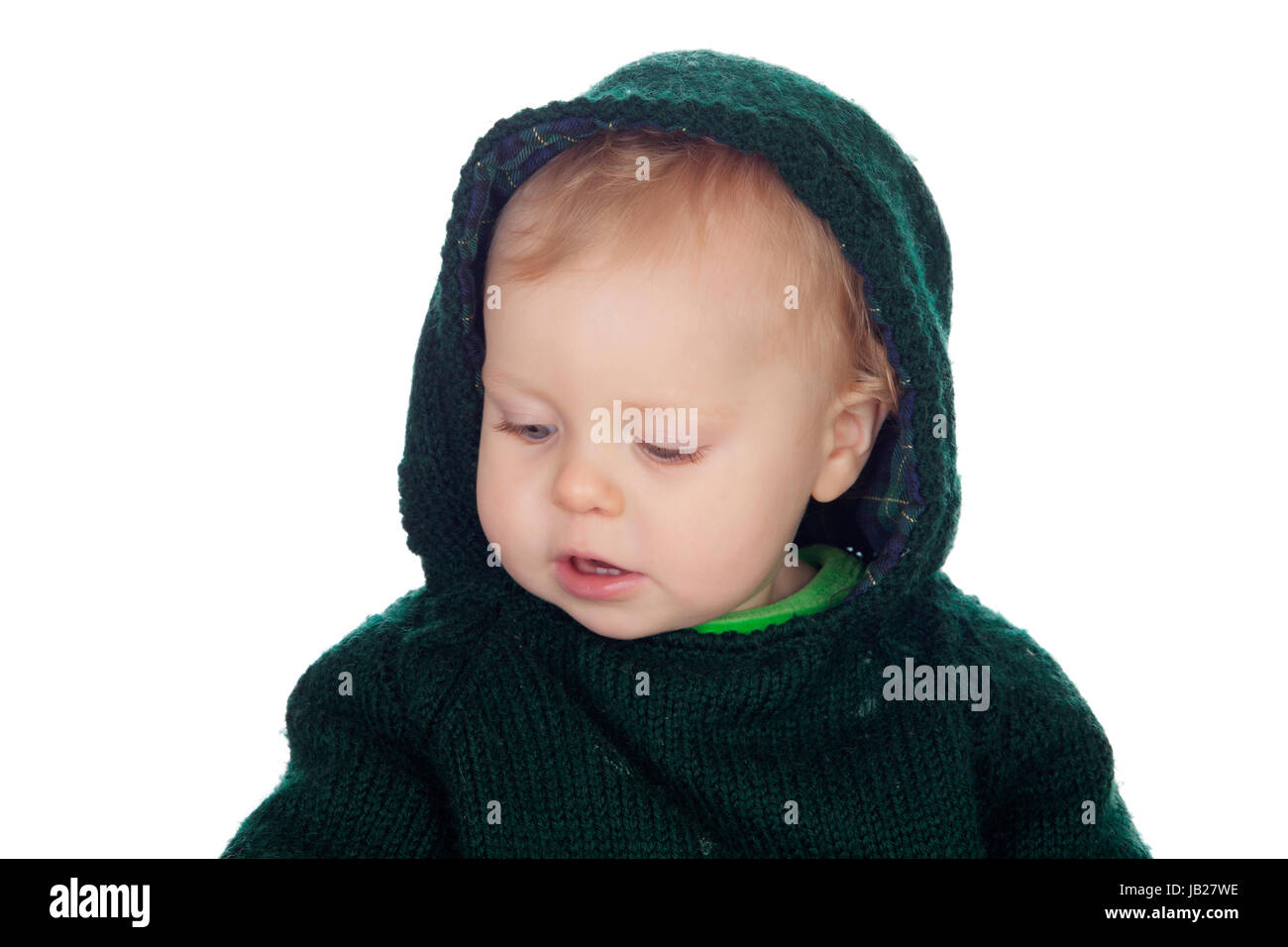 Adorable blond baby with wool jersey hoodie covering his head isolated on a white background Stock Photo