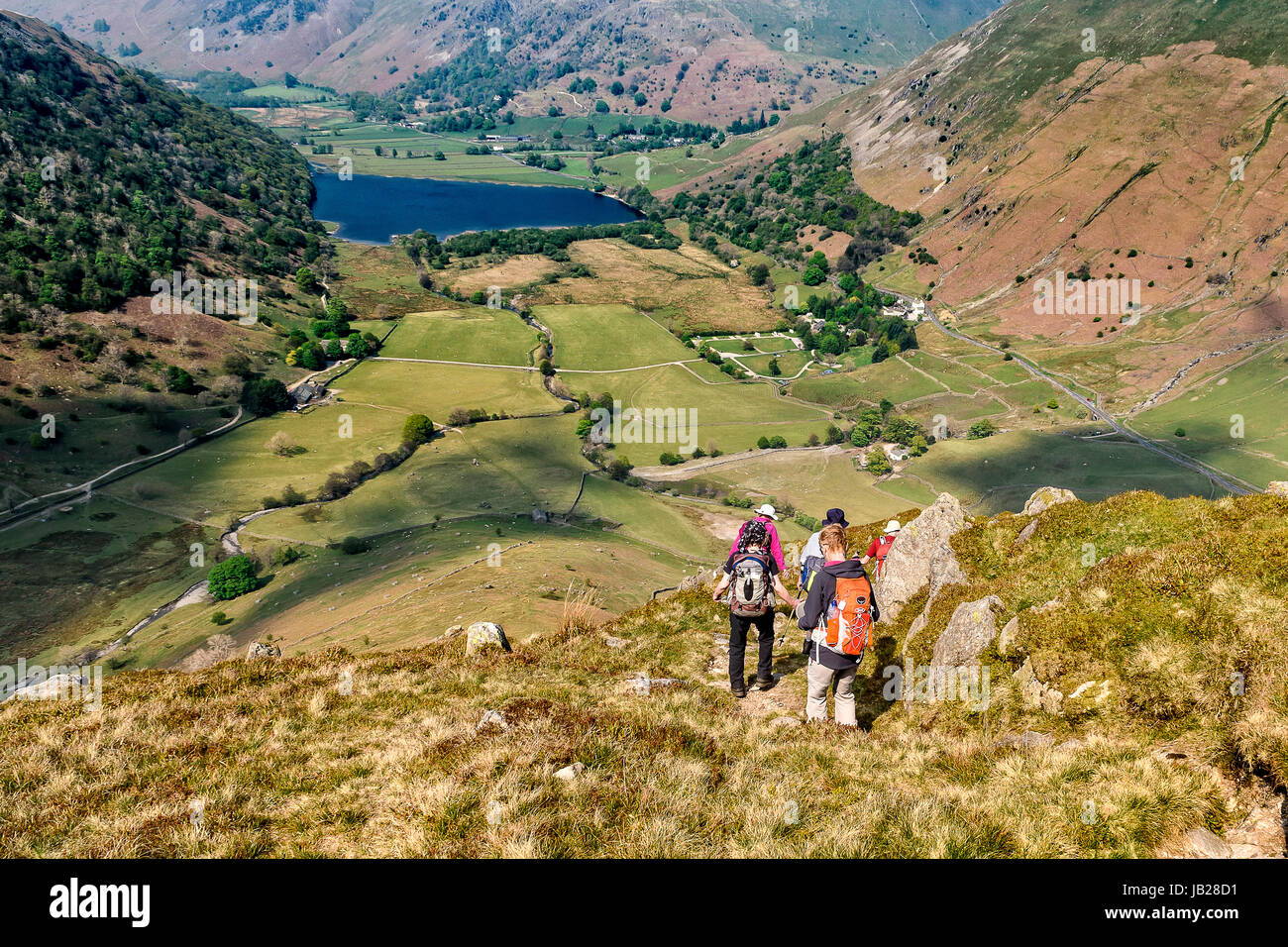 Walkers descending High Hartsop Dodd towards Brothers Water in the Lake District national park Stock Photo
