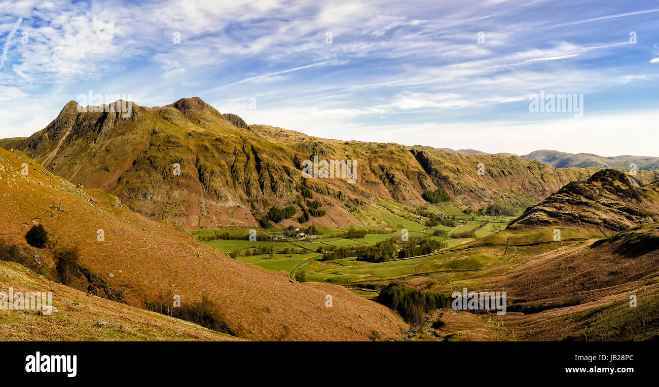 Great Langdale valley with the Langdale Pikes Stock Photo