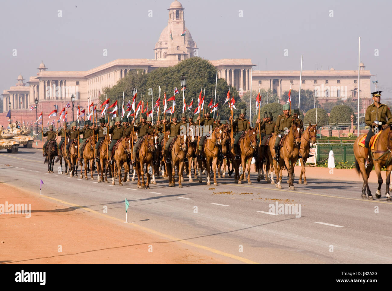 Mounted soldiers parading down the Raj Path in preparation for the