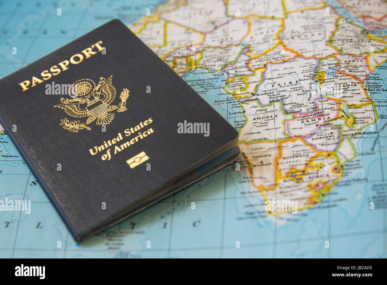 US Passport on the world map Stock Photo