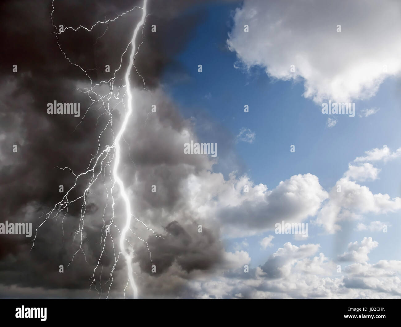 Blue Sunny Sky And Black Clouds With Lightning Stock Photo Alamy